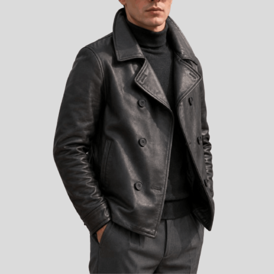 Men's Naval Short Sheepskin Leather Peacoat - Black