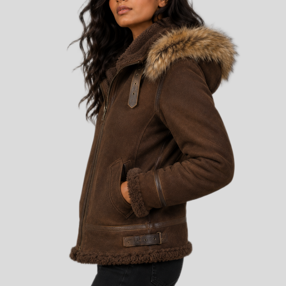 Women's Suede Shearling Leather Bomber Jacket with Removable Fur Hood
