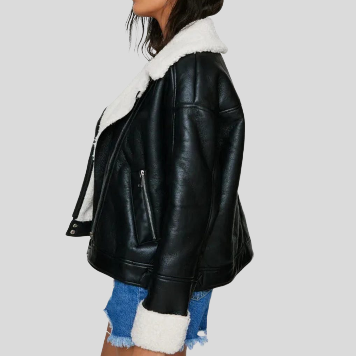 Women's Black B-3 Sheepskin Leather Biker Aviator Coat