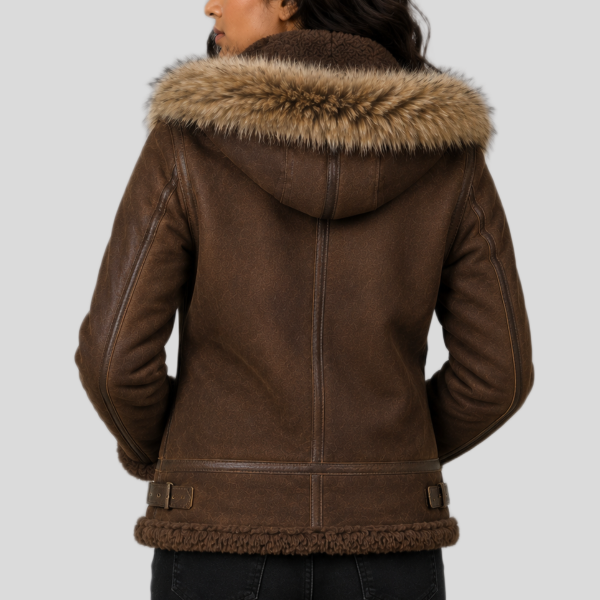 Women's Suede Shearling Leather Bomber Jacket with Removable Fur Hood