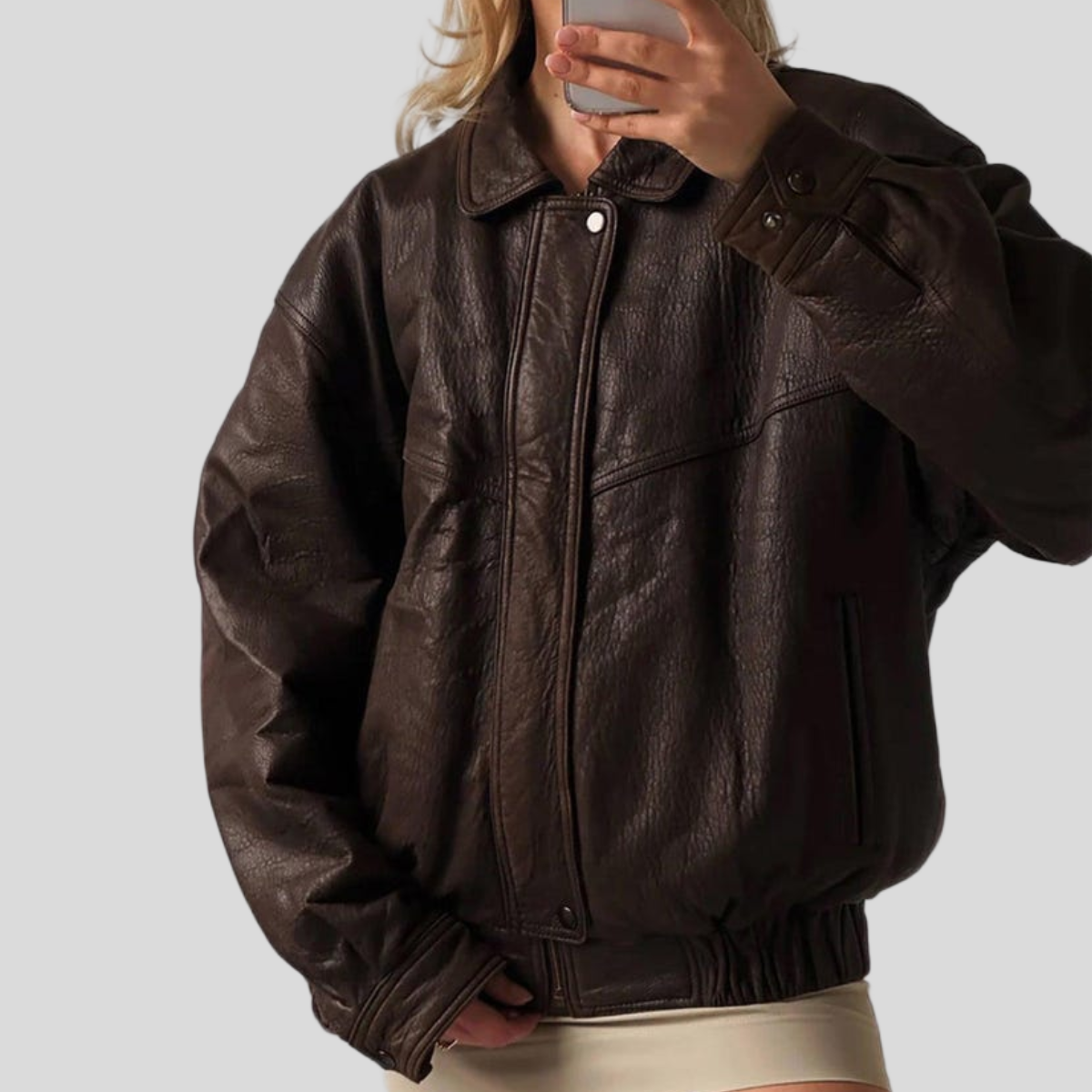 Women's 1990s Oversized Distressed Sheepskin Leather Bomber Jacket - Brown