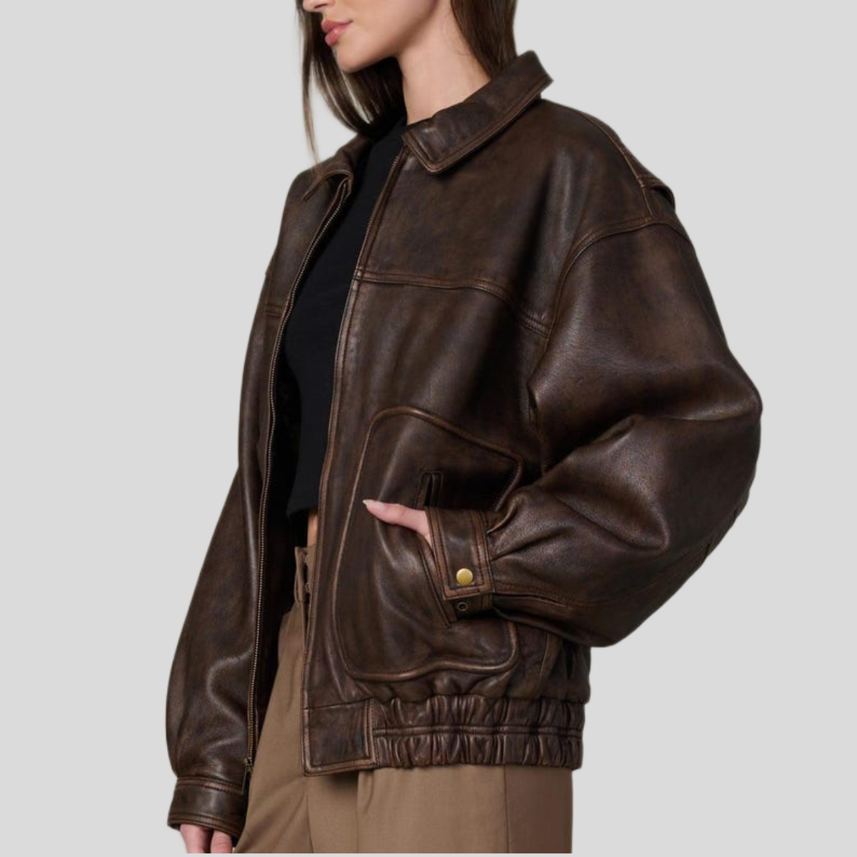 Women's 1990s Oversized Distressed Sheepskin Leather Bomber Jacket