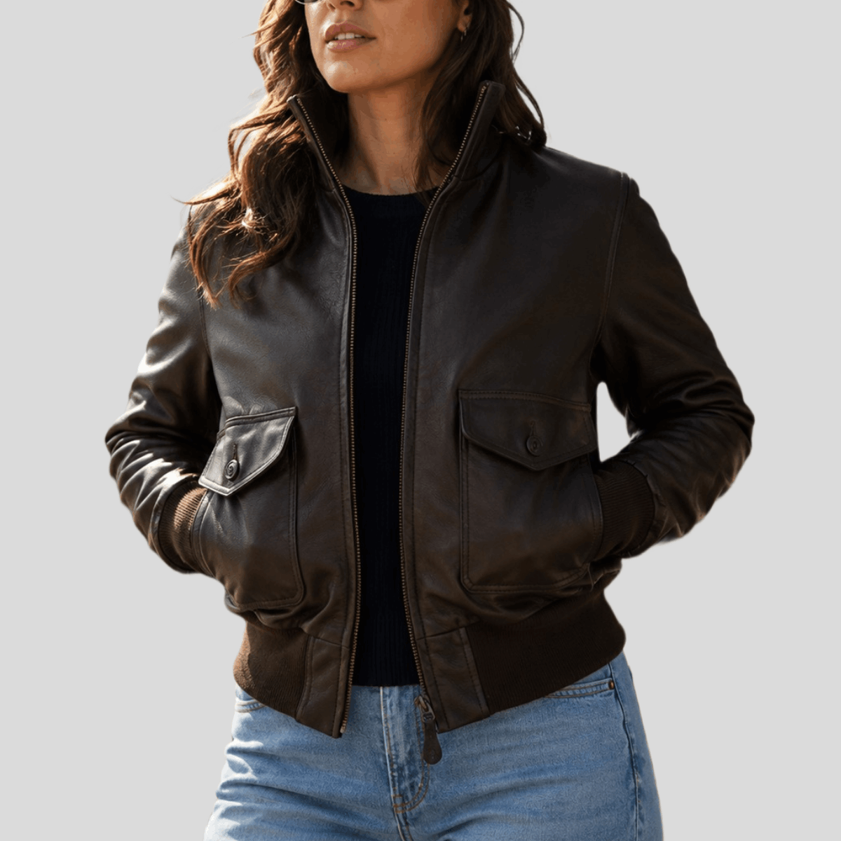 Women's Classic Sheepskin Leather Bomber Jacket with Fur Collar