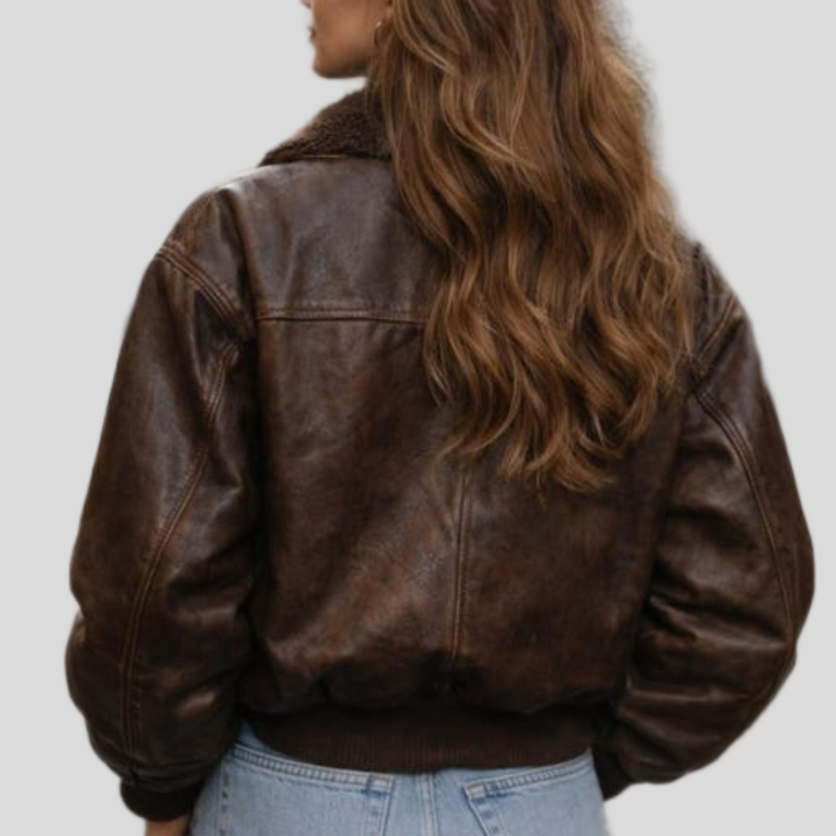 Men's Vintage Brown Leather Oversized Bomber Jacket with Fur Collar