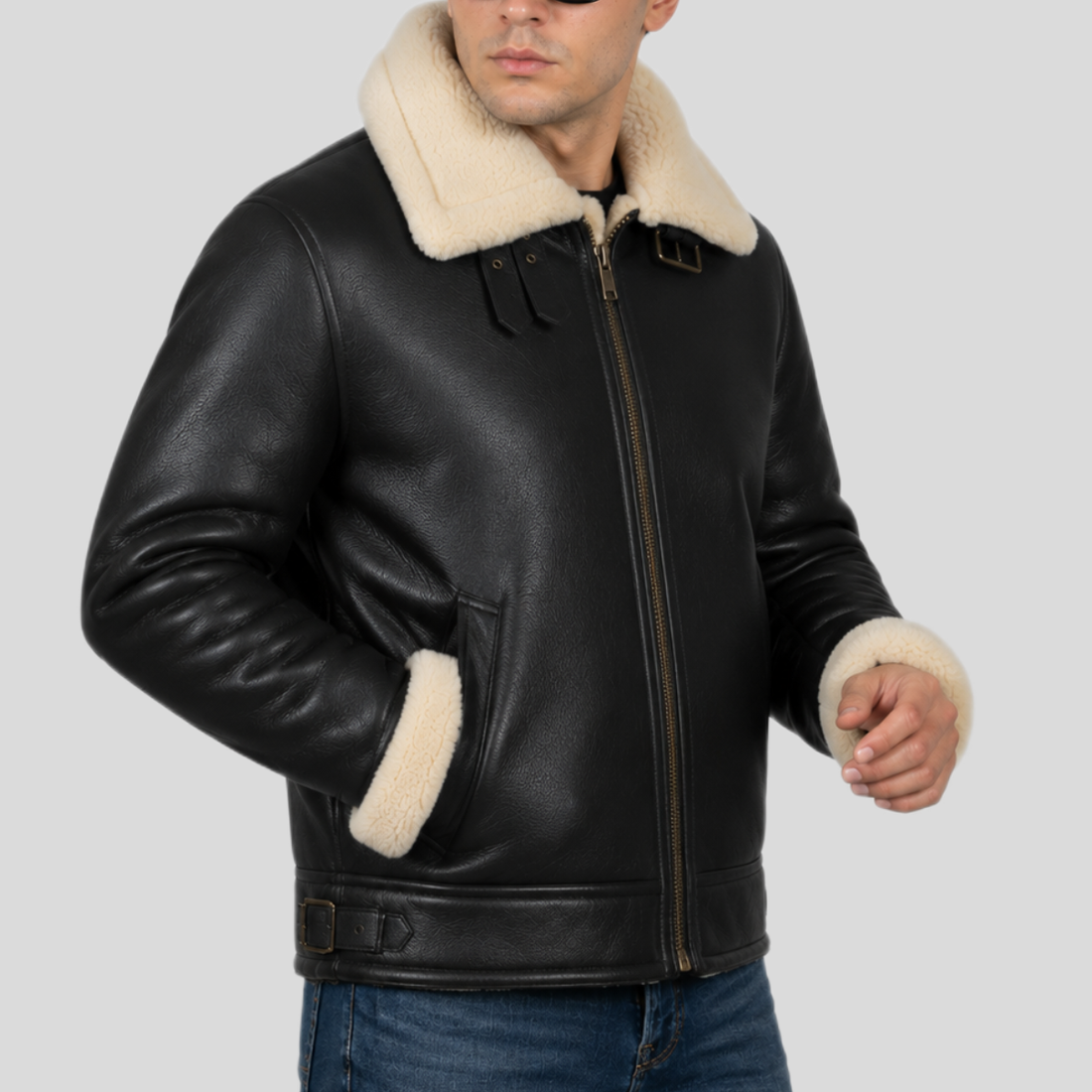 Men's Black B-3 Shearling Leather Aviator Bomber Jacket - Black