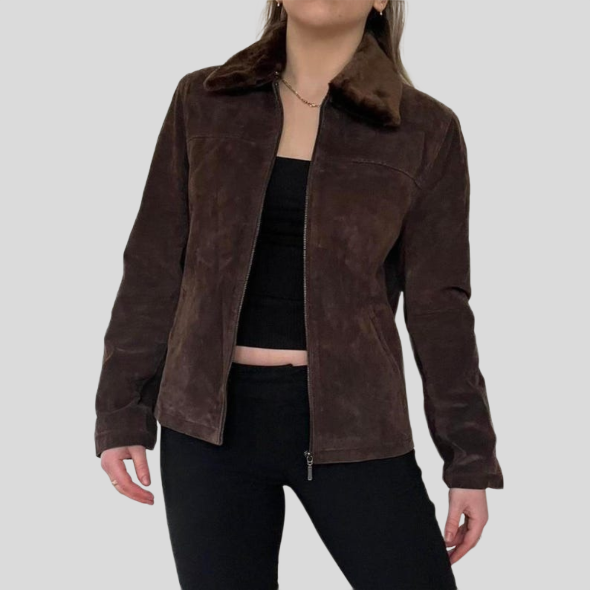 Women's Deep Brown Suede Heritage Jacket with Faux Shearling Collar - Brown