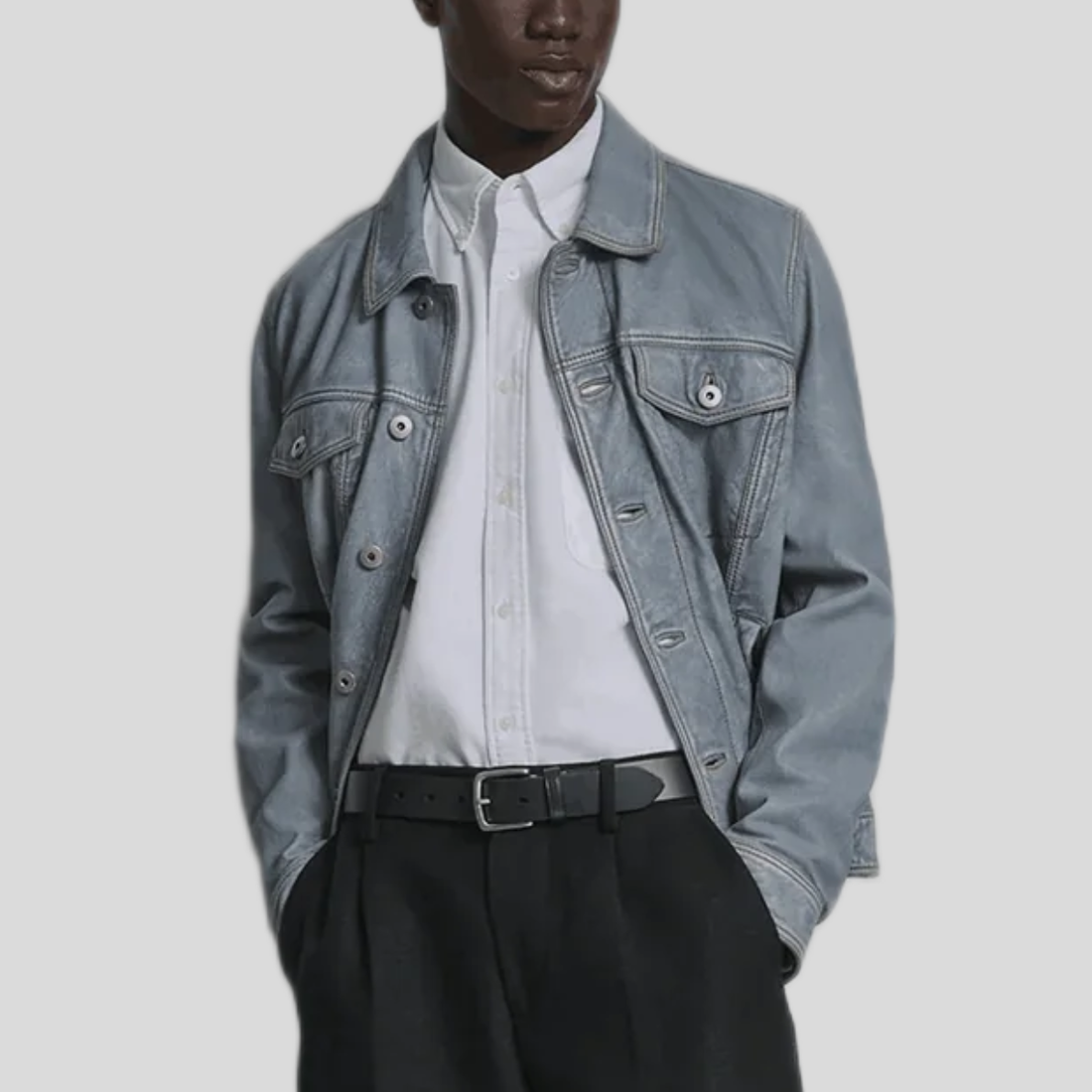 Men's Stonewash Leather Trucker Jacket - Light Blue Wash