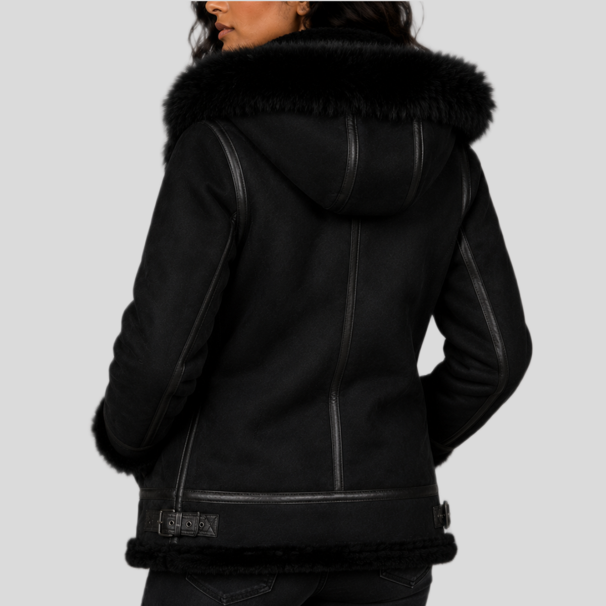 Women's Black Shearling Leather Bomber Jacket with Removable Fur Hood