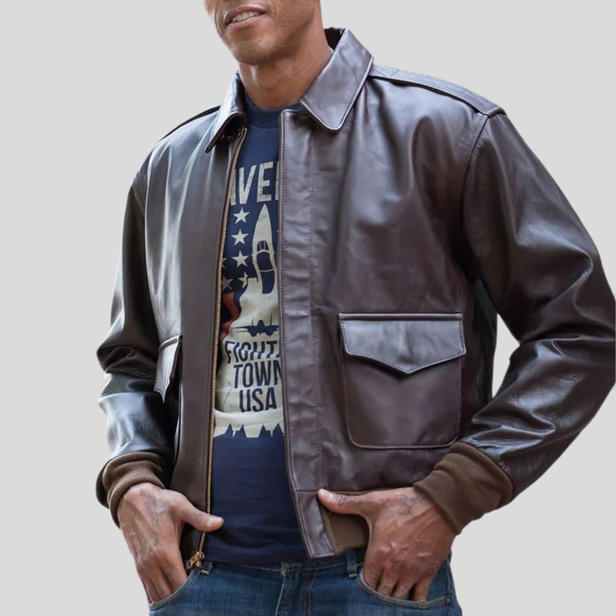Men's Vintage Long Cowhide Leather Flight Jacket