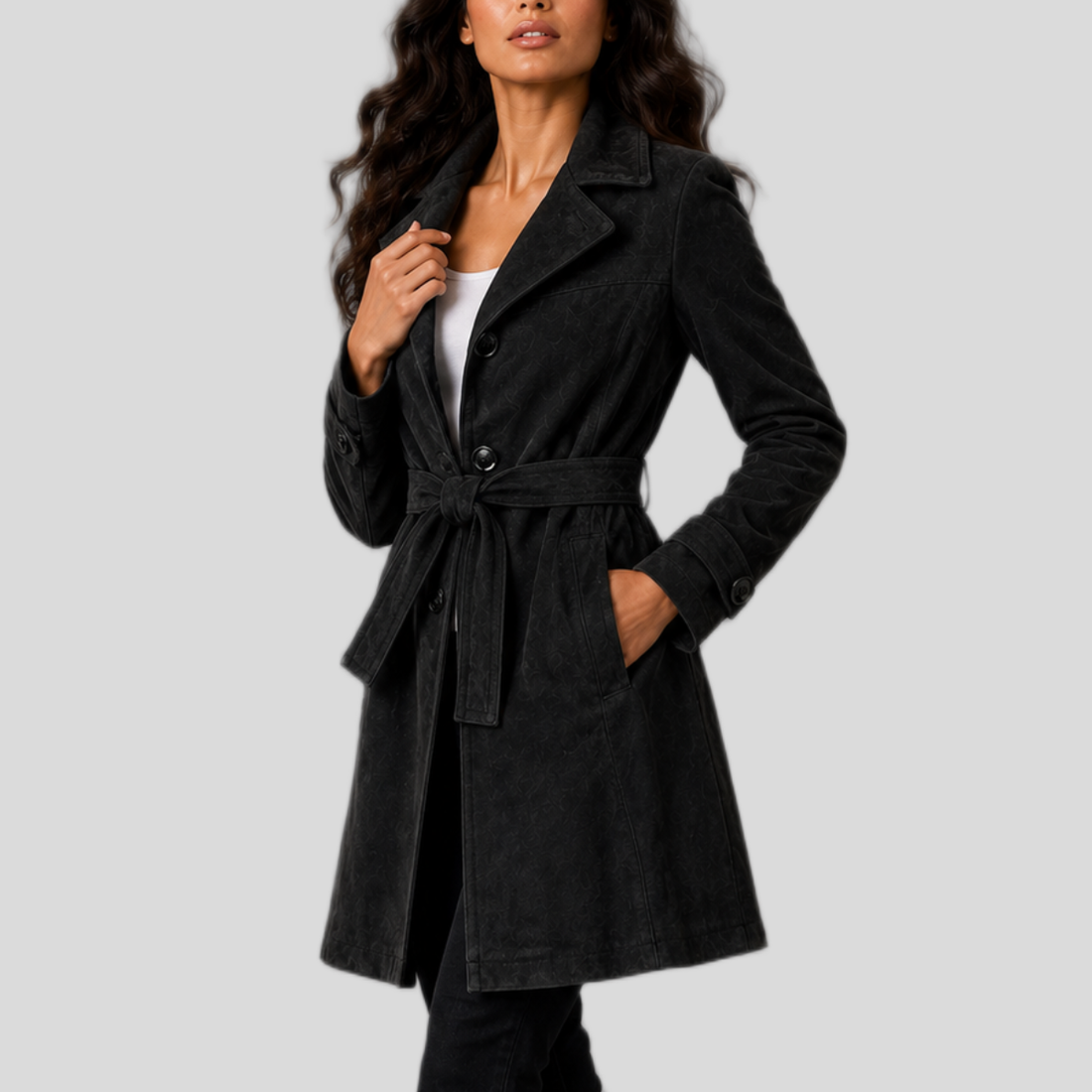 Women's Suede Sheepskin Leather Trench Coat - Black