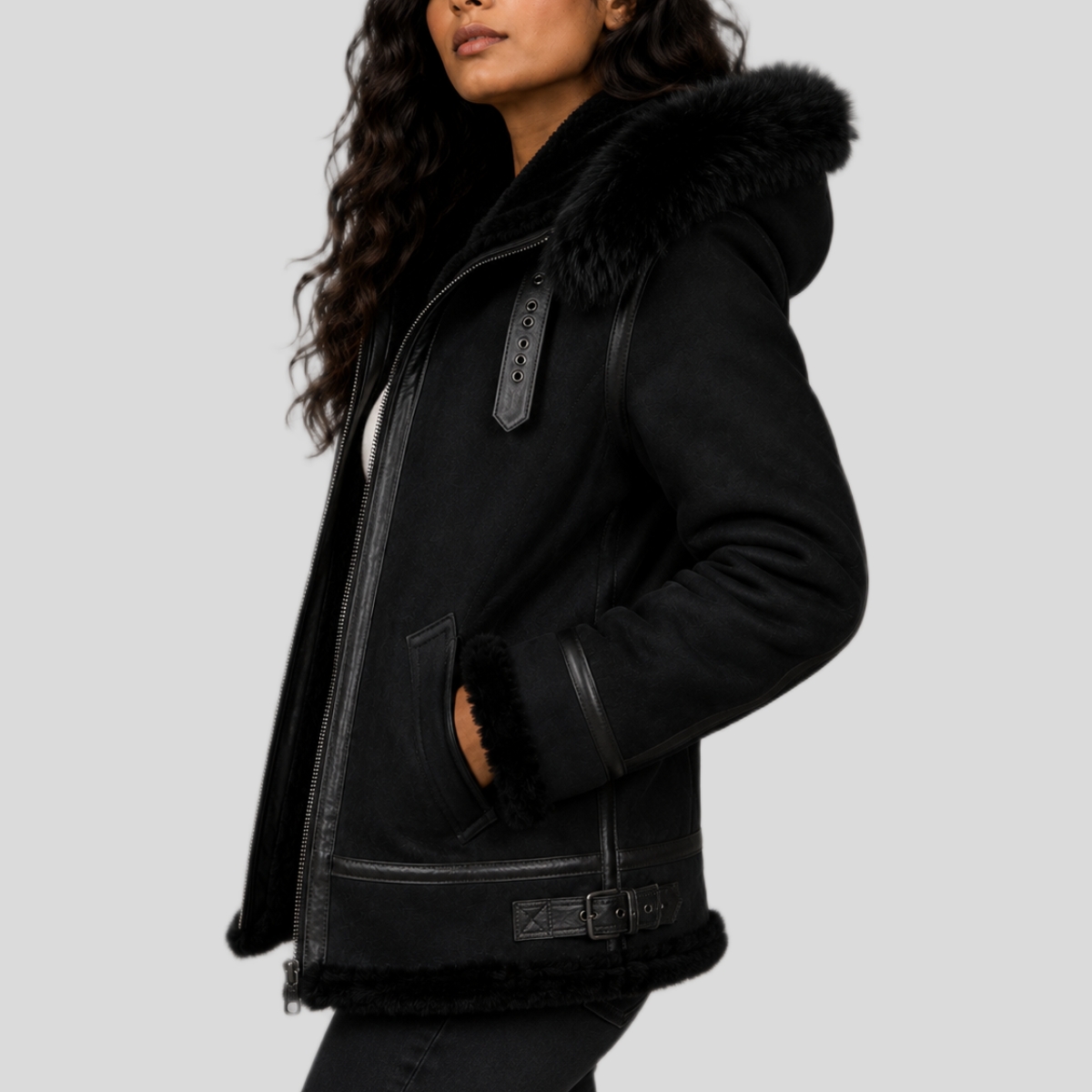Women's Black Shearling Leather Bomber Jacket with Removable Fur Hood