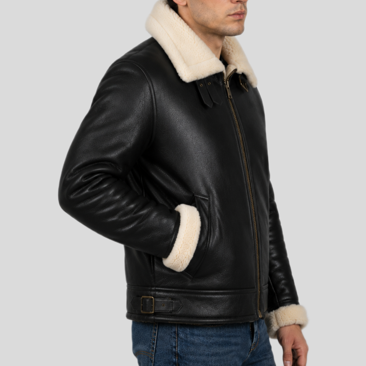 Men's Black B-3 Shearling Leather Aviator Bomber Jacket