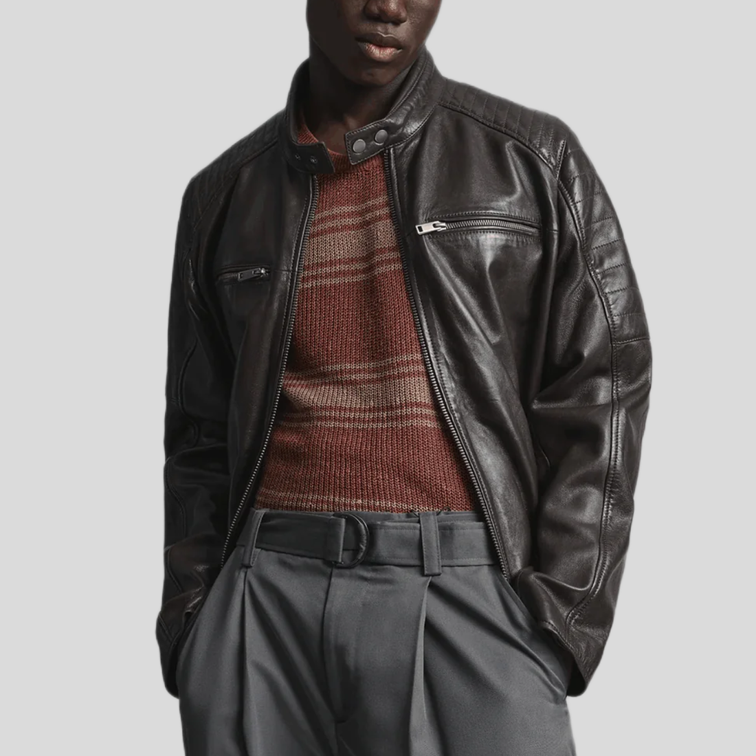 Men's Collarless Leather Moto Jacket - Brown