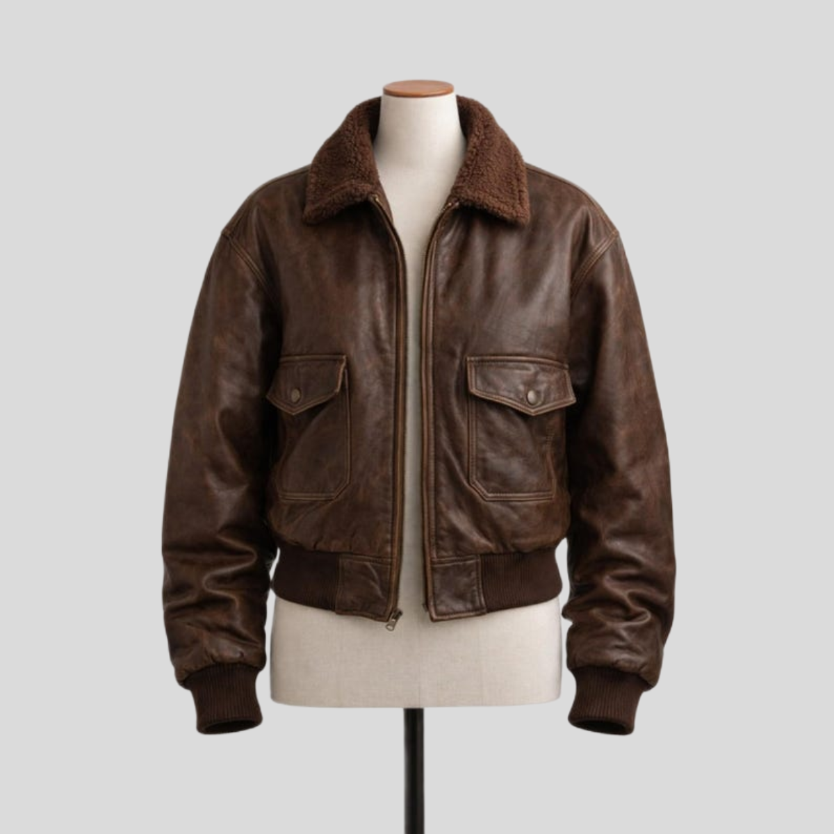 Men's Vintage Brown Leather Oversized Bomber Jacket with Fur Collar