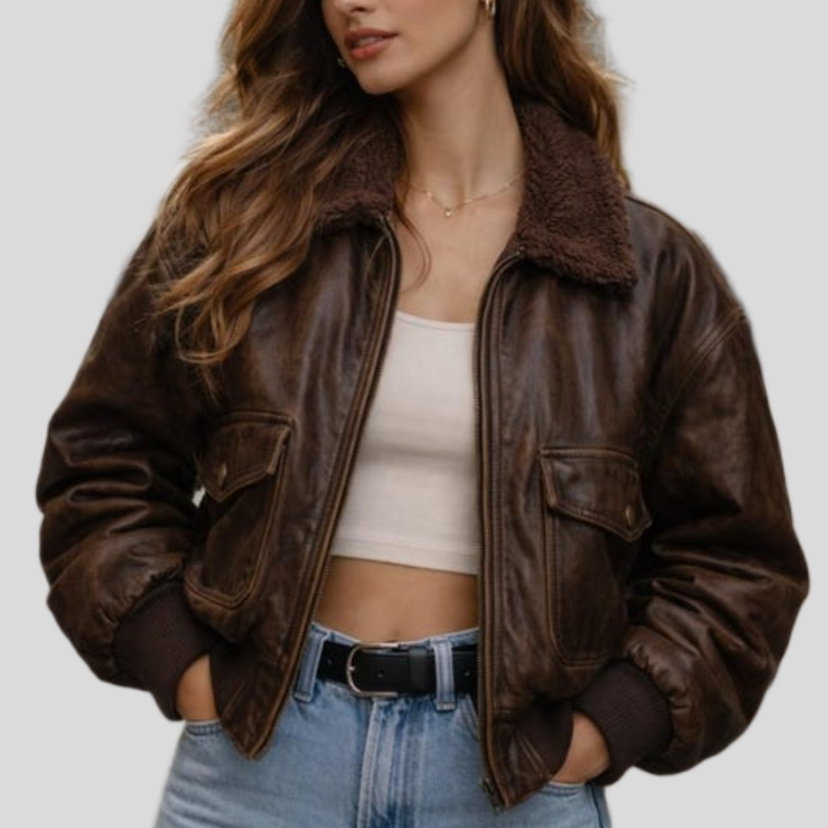 Men's Vintage Brown Leather Oversized Bomber Jacket with Fur Collar
