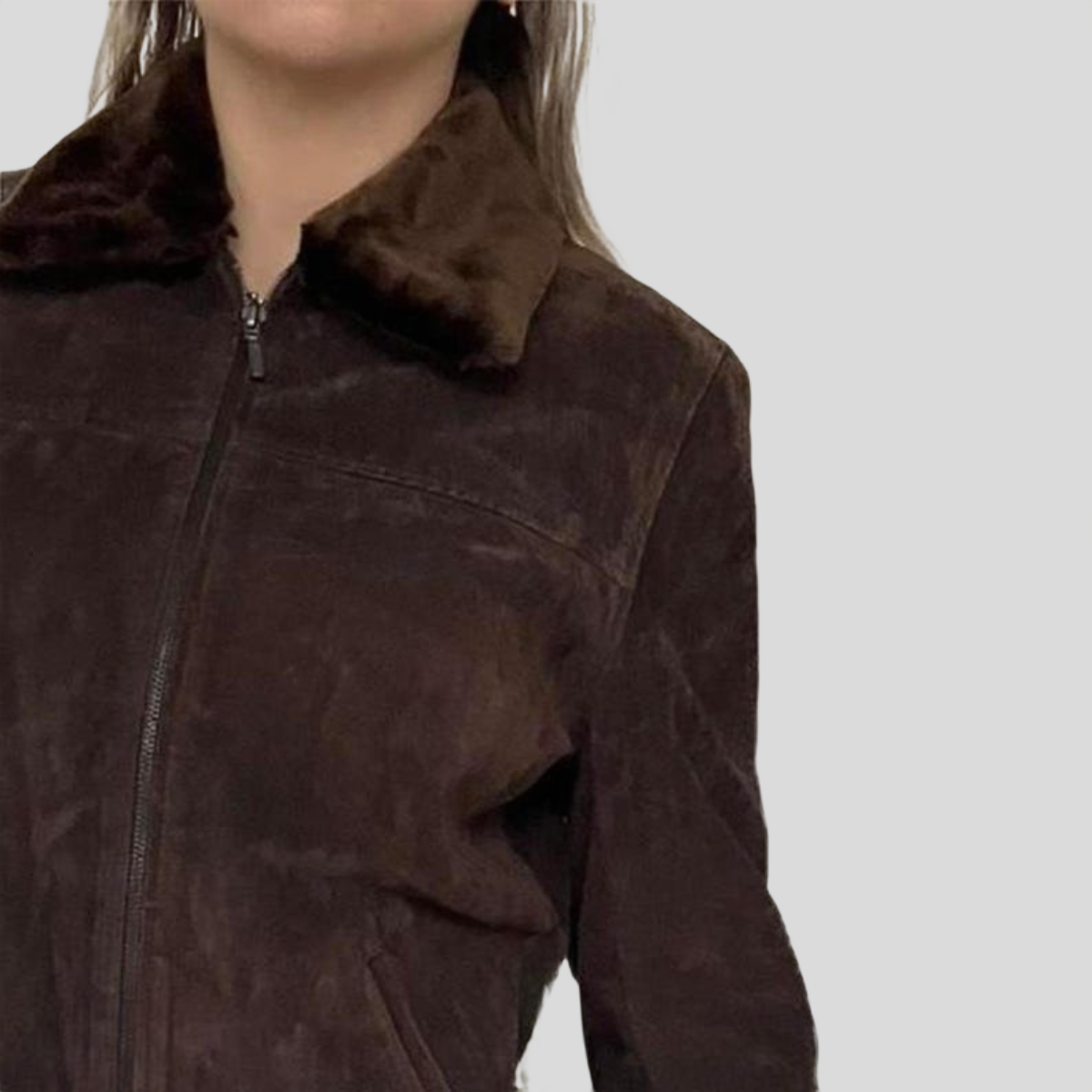 Women's Deep Brown Suede Heritage Jacket with Faux Shearling Collar