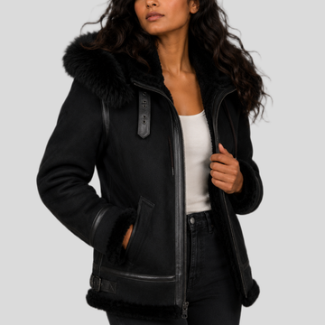 Women's Black Shearling Leather Bomber Jacket with Removable Fur Hood