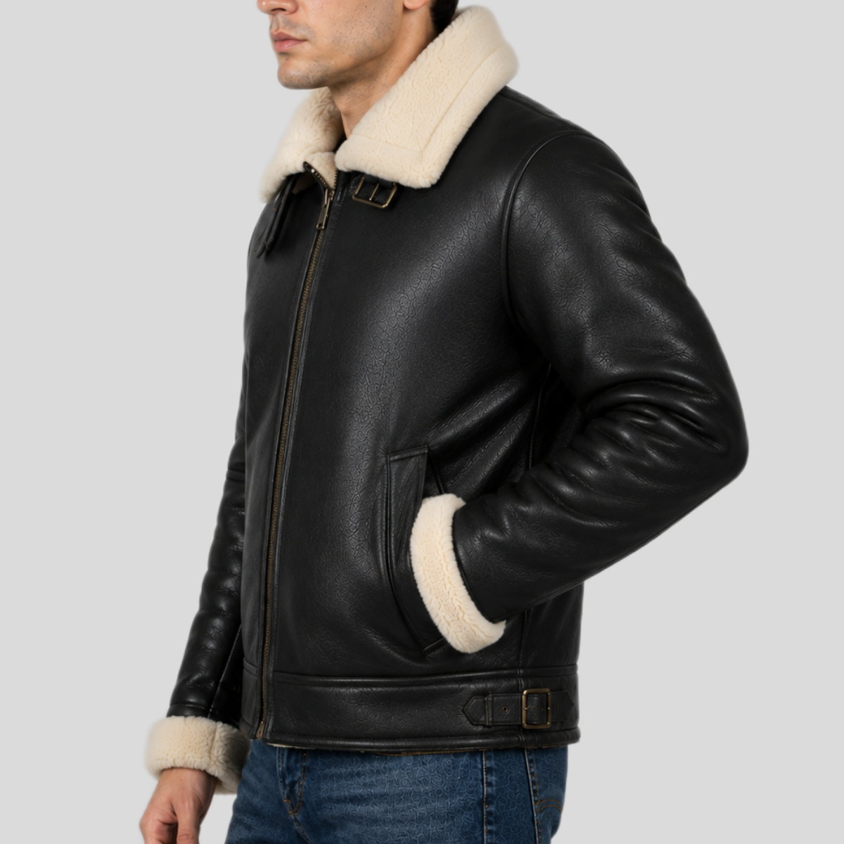 Men's Black B-3 Shearling Leather Aviator Bomber Jacket