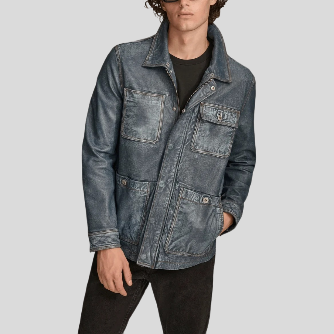 Men's Classic Leather Utility Jacket - Medium Blue