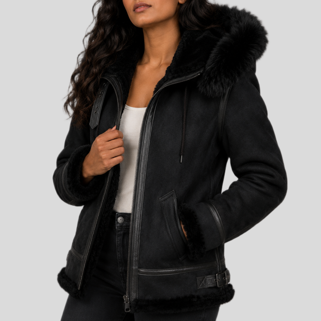 Women's Black Shearling Leather Bomber Jacket with Removable Fur Hood - Black