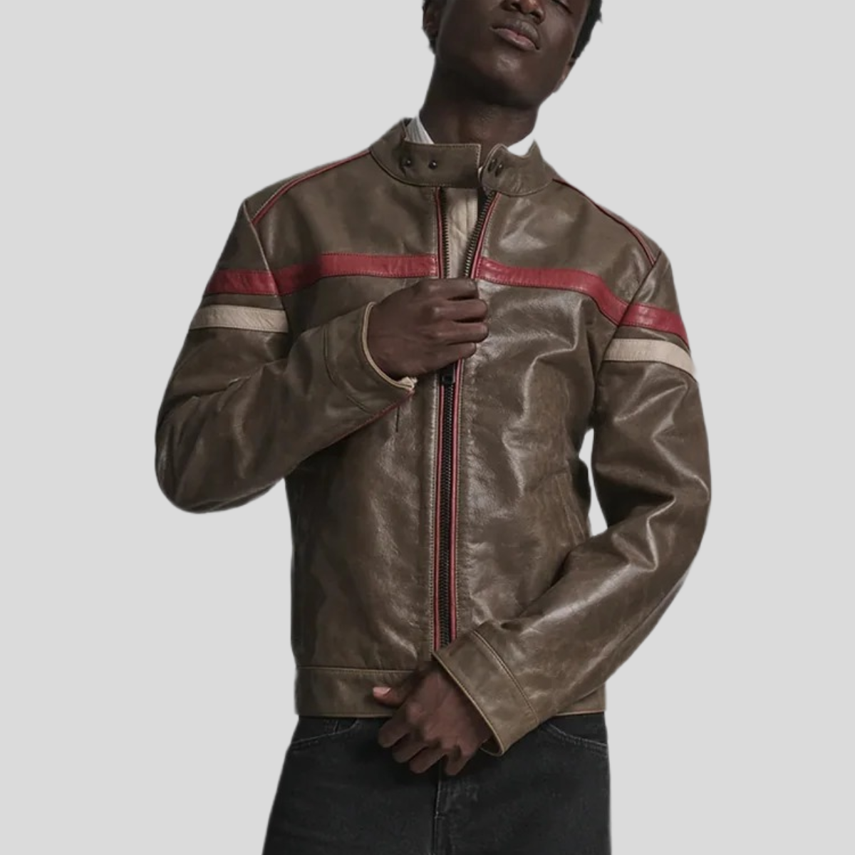 Men's Vintage Striped Leather Racer Jacket