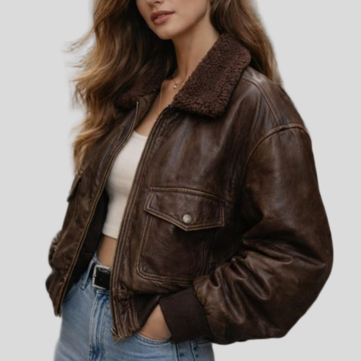 Men's Vintage Brown Leather Oversized Bomber Jacket with Fur Collar