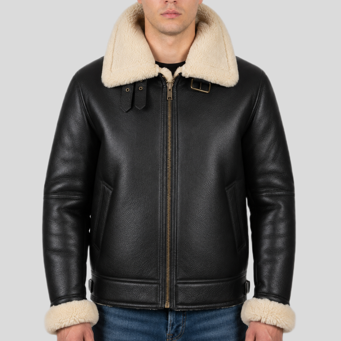 Men's Black B-3 Shearling Leather Aviator Bomber Jacket - Black