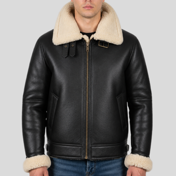 Men's Black B-3 Shearling Leather Aviator Bomber Jacket - Black
