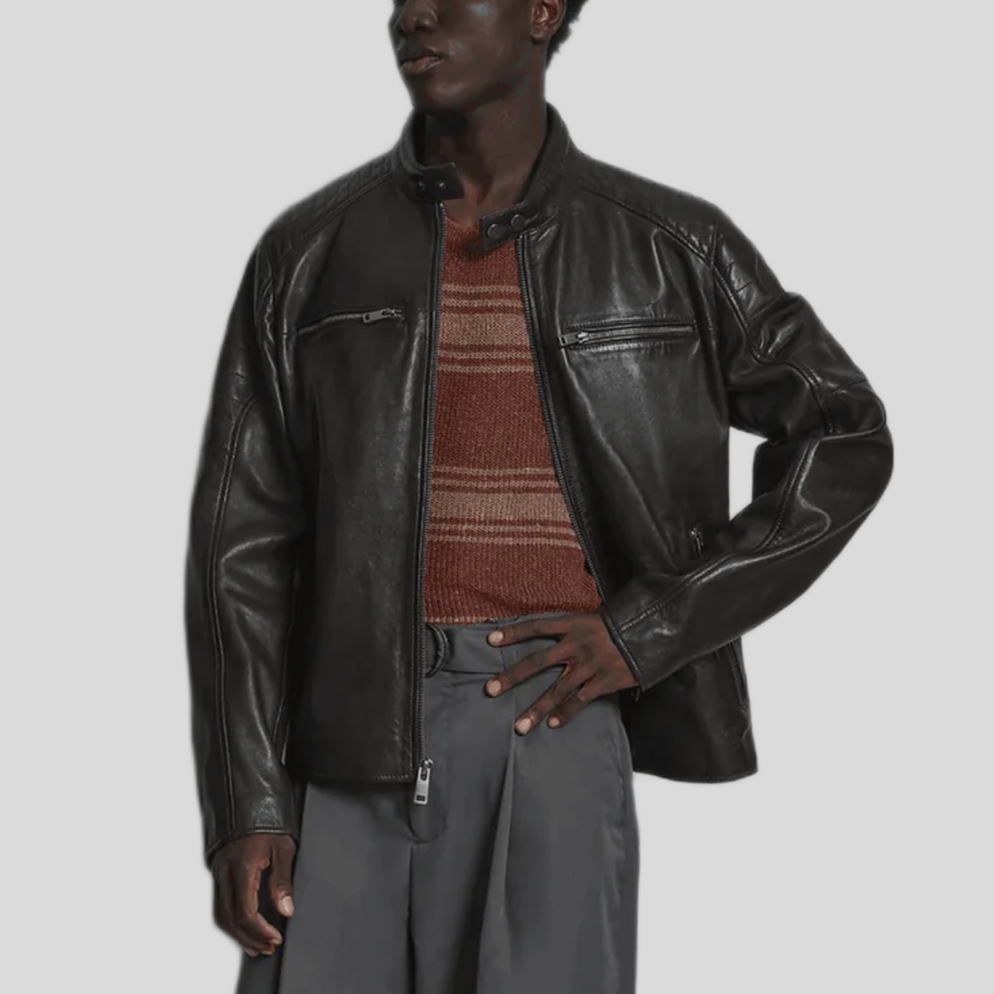 Men's Collarless Leather Moto Jacket - Brown