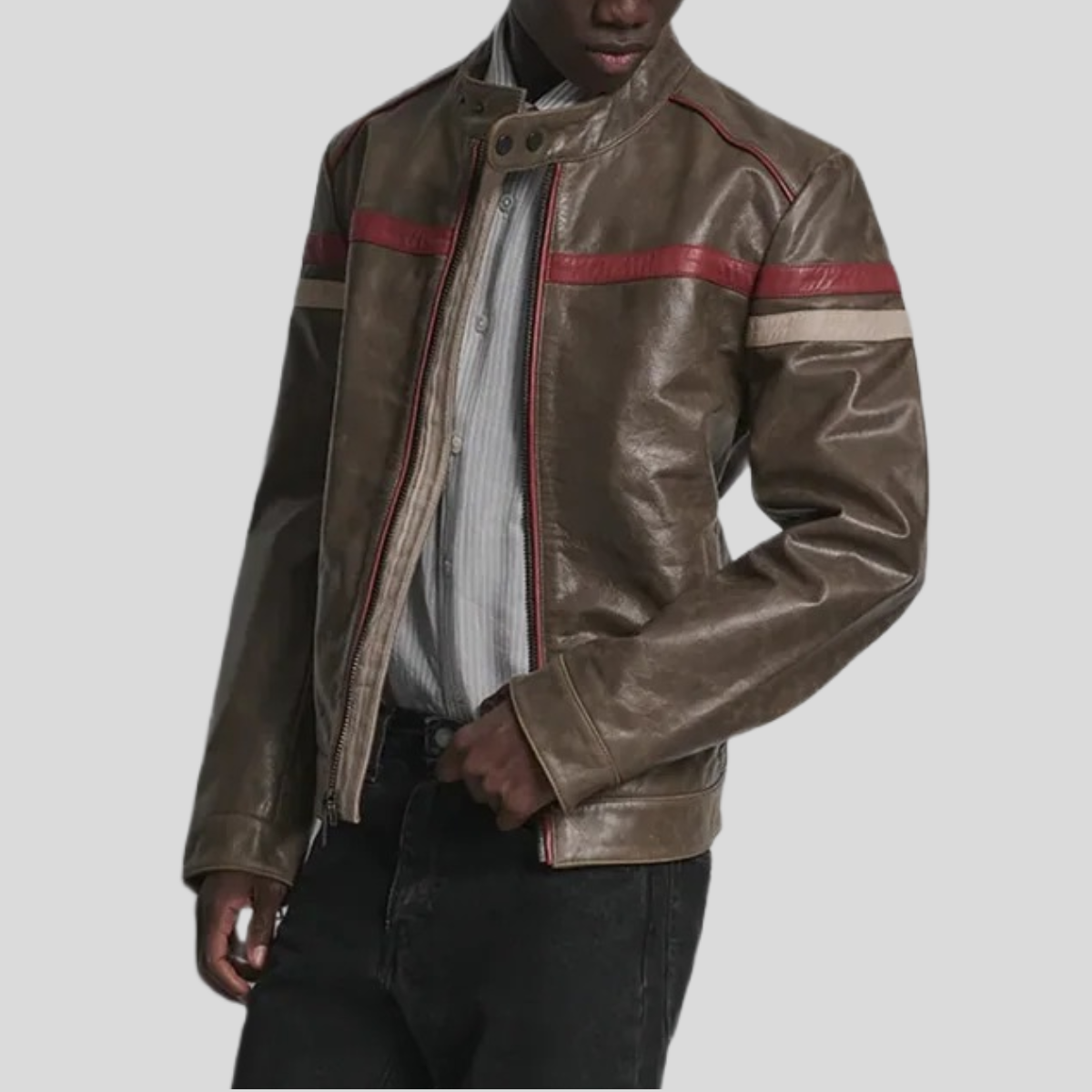 Men's Vintage Striped Leather Racer Jacket - Brown