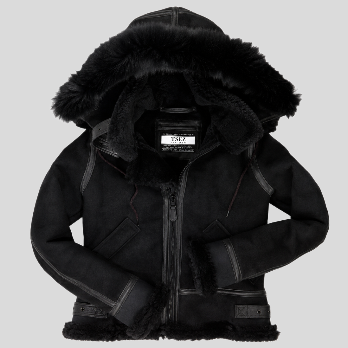 Women's Black Shearling Leather Bomber Jacket with Removable Fur Hood