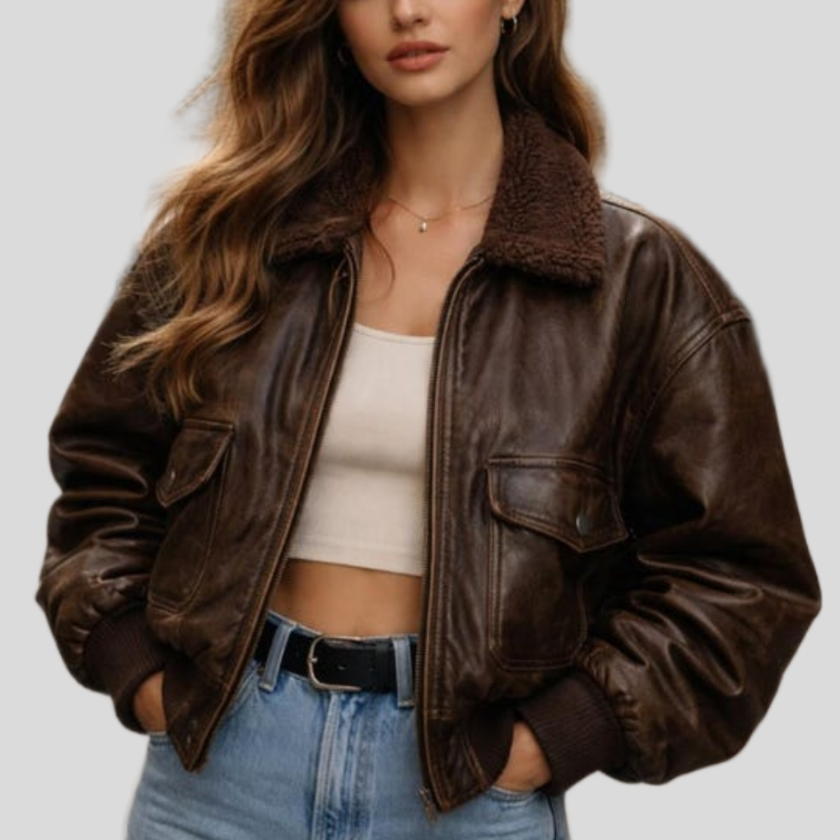 Men's Vintage Brown Leather Oversized Bomber Jacket with Fur Collar - Brown