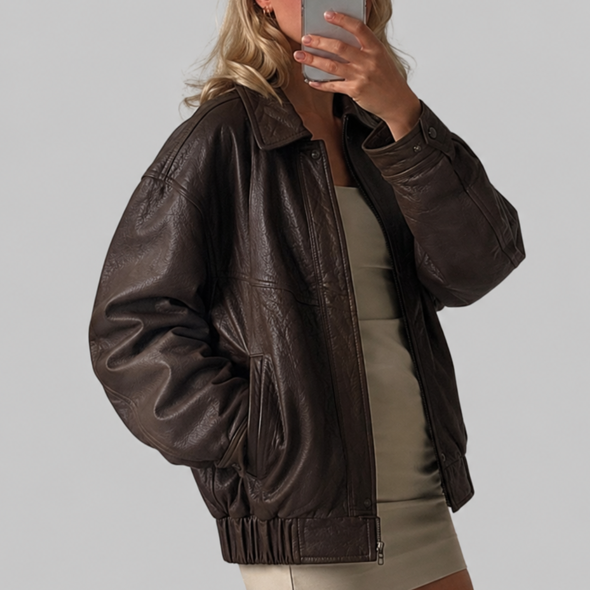 Women's 1990s Oversized Distressed Sheepskin Leather Bomber Jacket