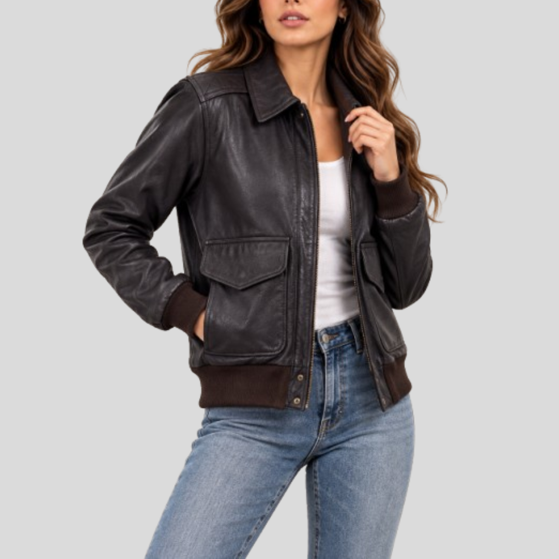 Women's Classic Sheepskin Leather Flight Jacket - Brown