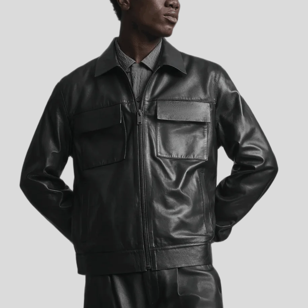Men's Classic Leather Zip Shirt Jacket - Black