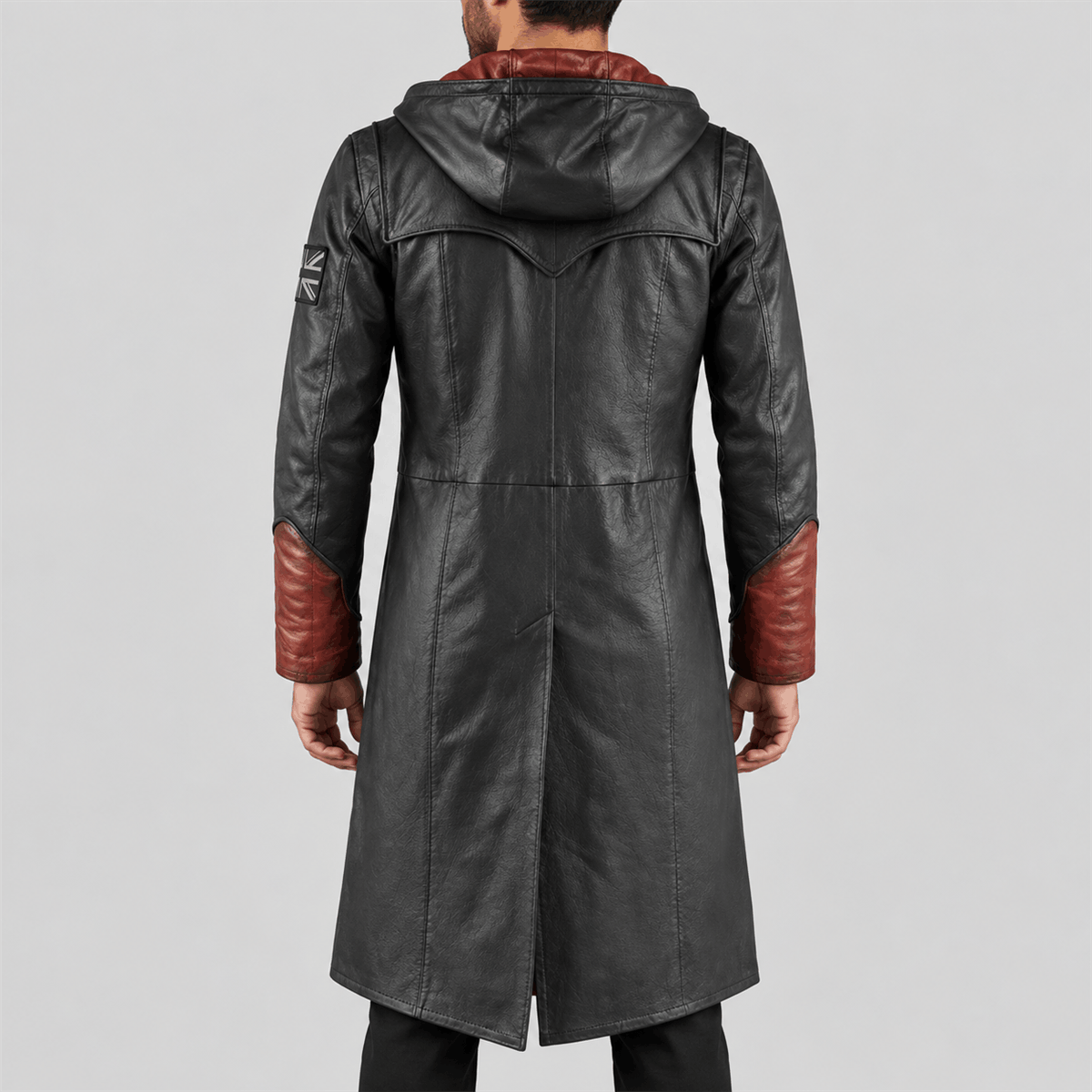 Men's DMC-Inspired Black and Red Hooded Leather Coat