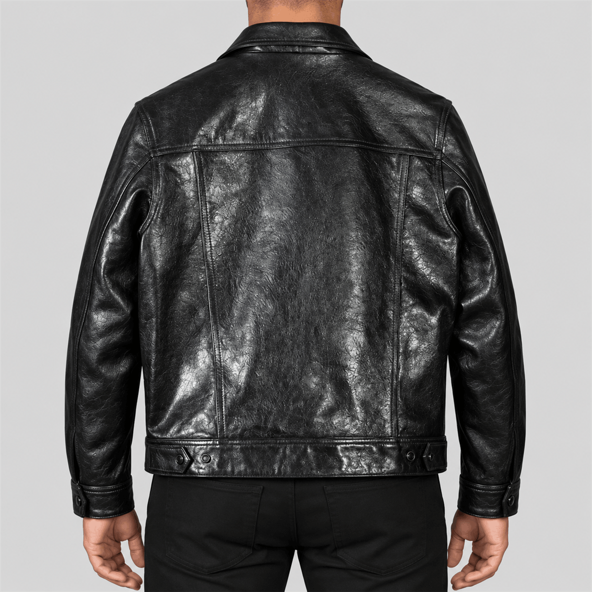 Men's Classic Black Button-Front Leather Trucker Jacket