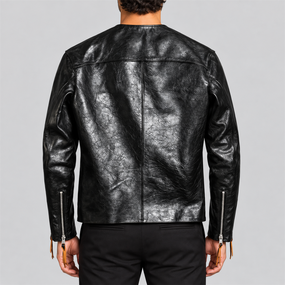 Men's 1960s Black Collarless Tea-Core Cowhide Leather Racing Jacket