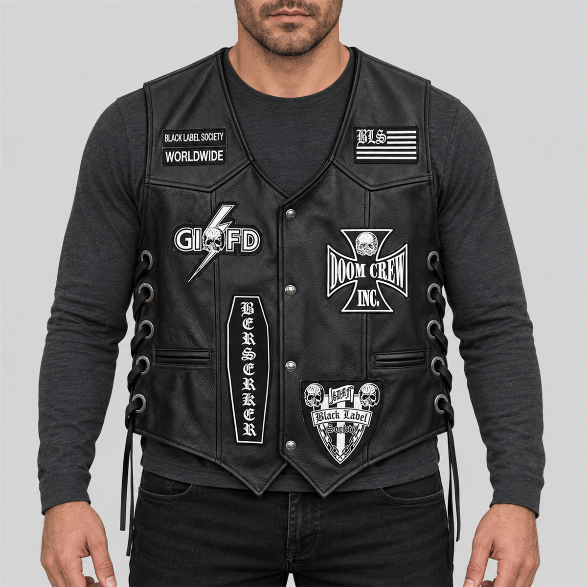 Men's Black Label Society Halloween Black Patched Biker Vest