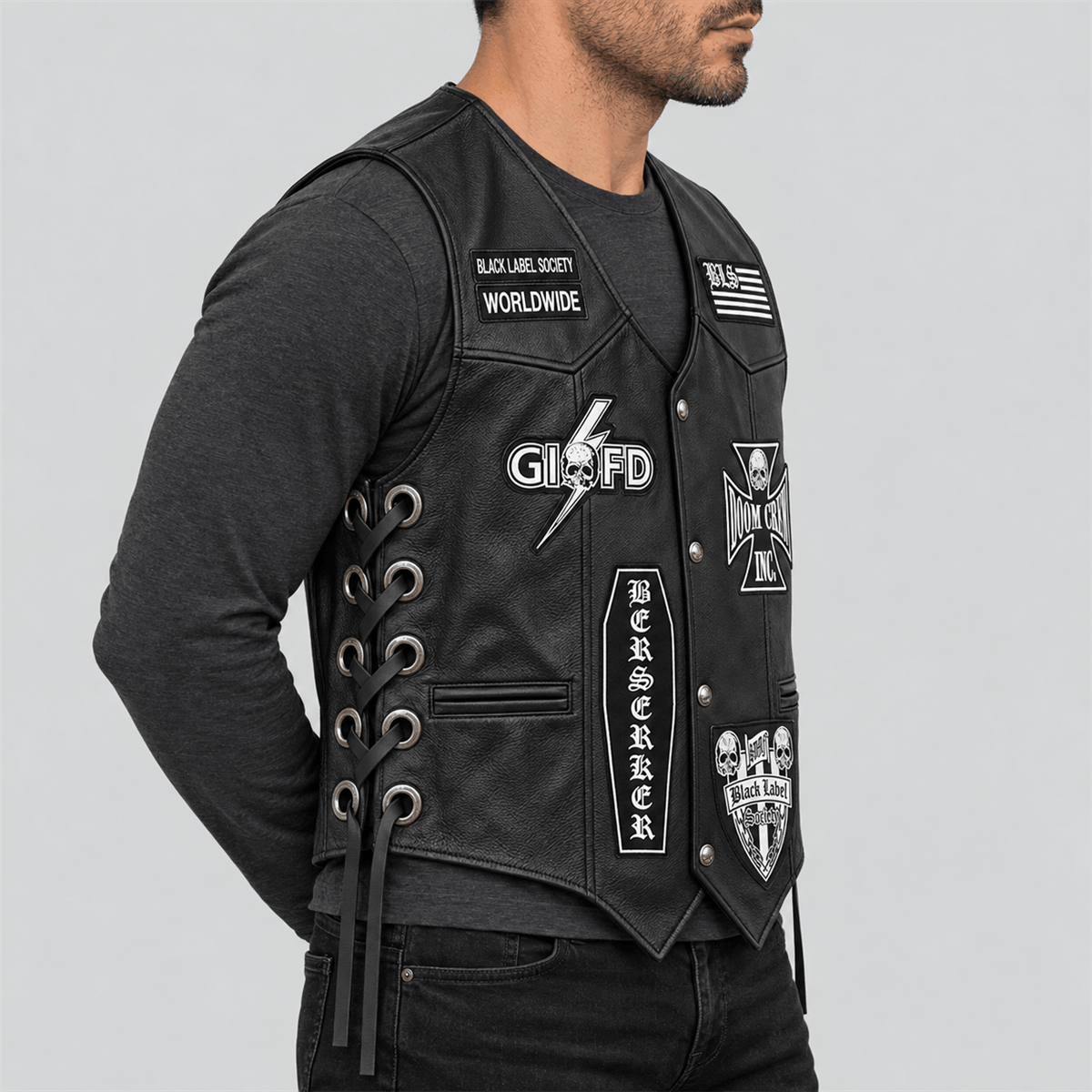 Men's Black Label Society Halloween Black Patched Biker Vest