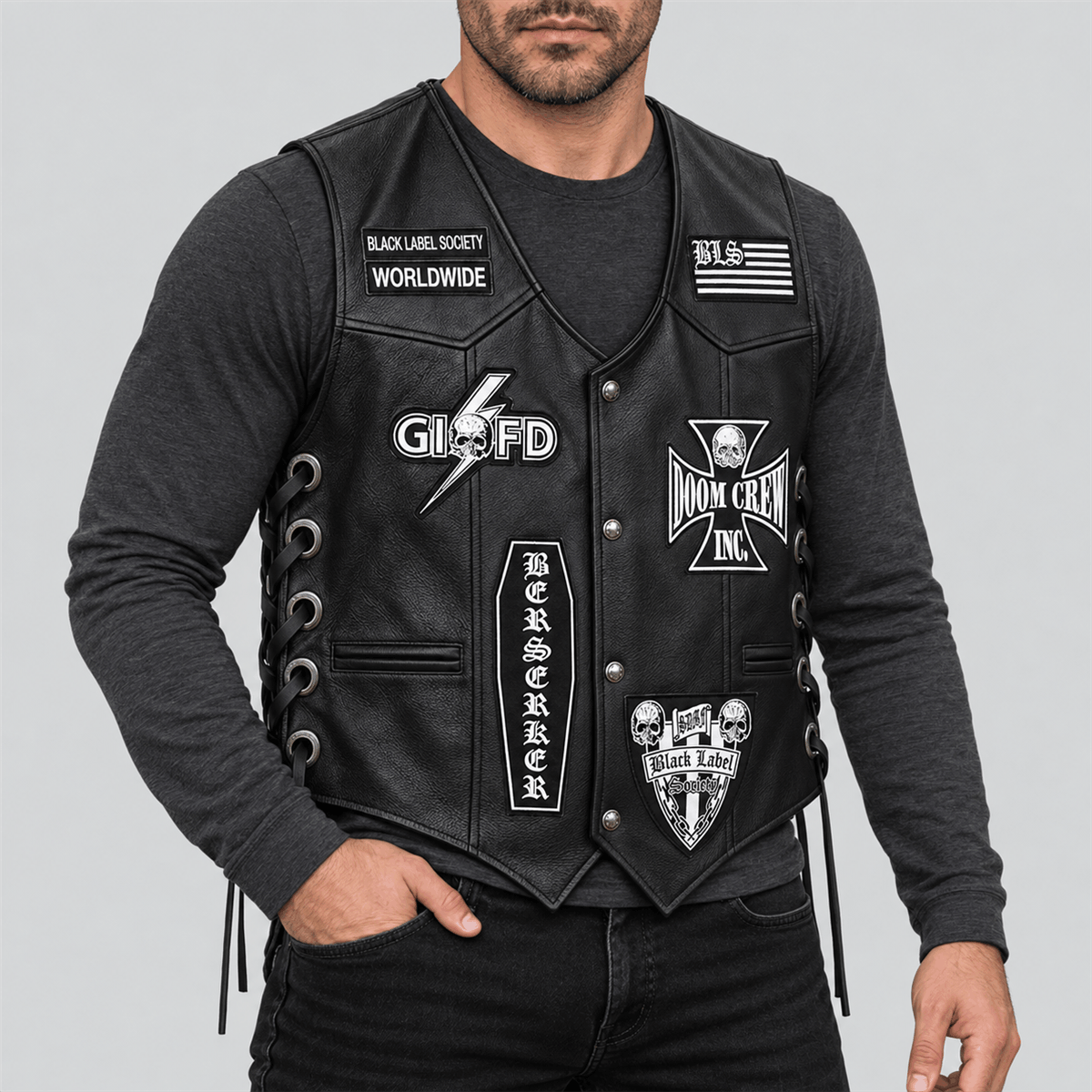 Men's Black Label Society Halloween Black Patched Biker Vest