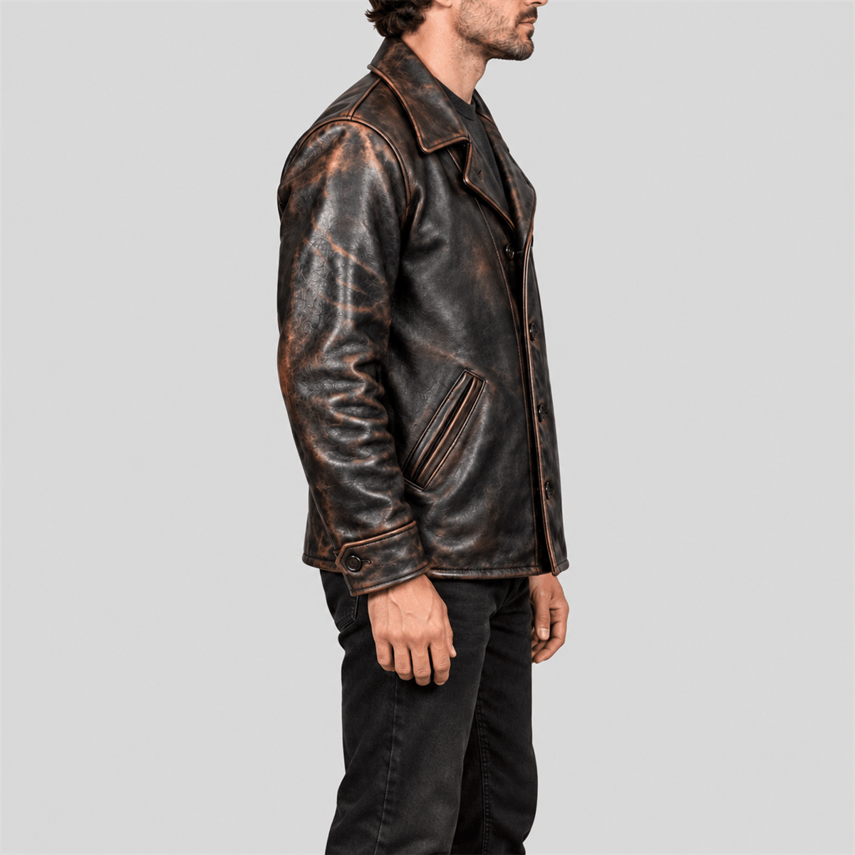 Men's 1940s California Bears Black Tea-Core Cowhide Leather Car Coat