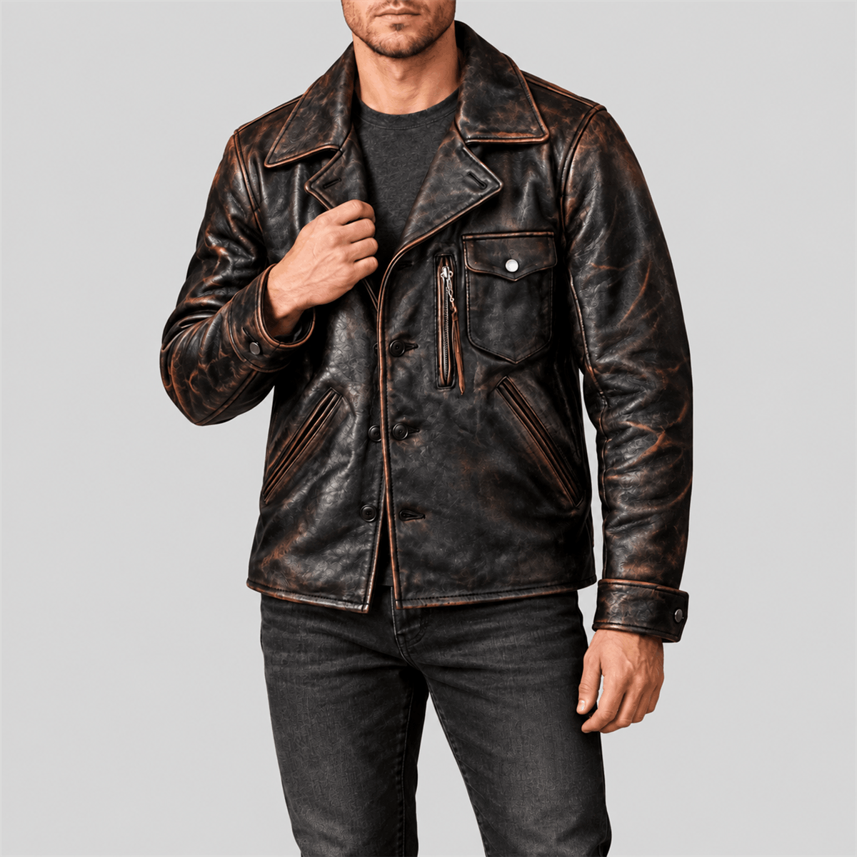 Men's 1940s California Bears Black Tea-Core Cowhide Leather Car Coat