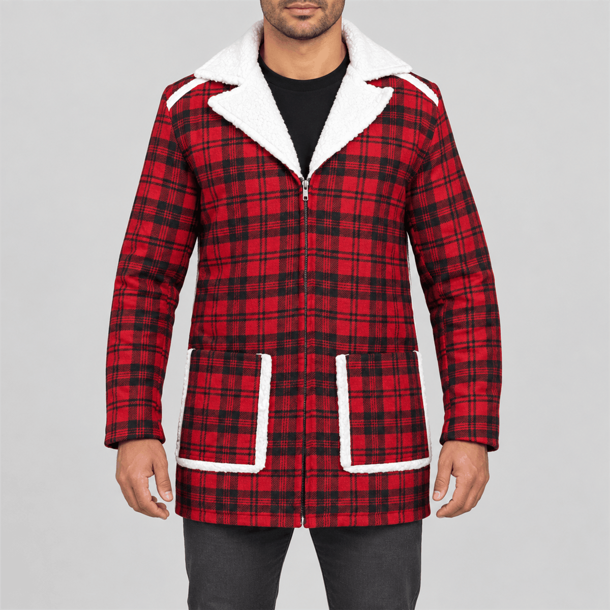 Men's Deadpool Halloween Red Plaid White-Trim Coat