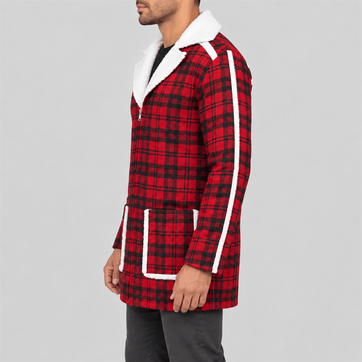 Men's Deadpool Halloween Red Plaid White-Trim Coat