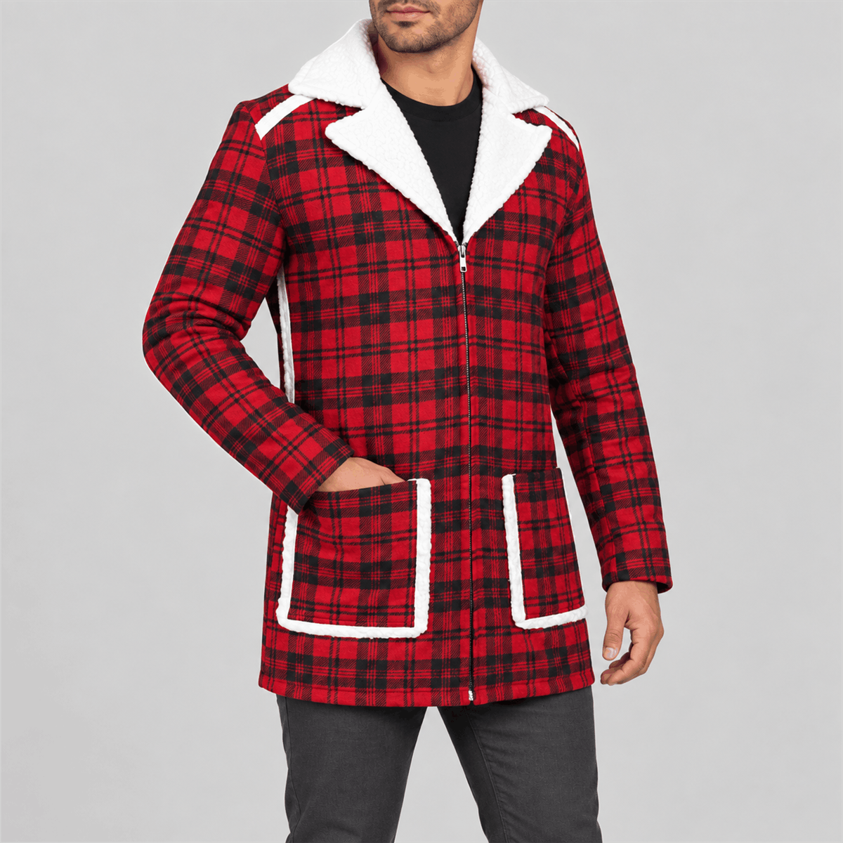 Men's Deadpool Halloween Red Plaid White-Trim Coat