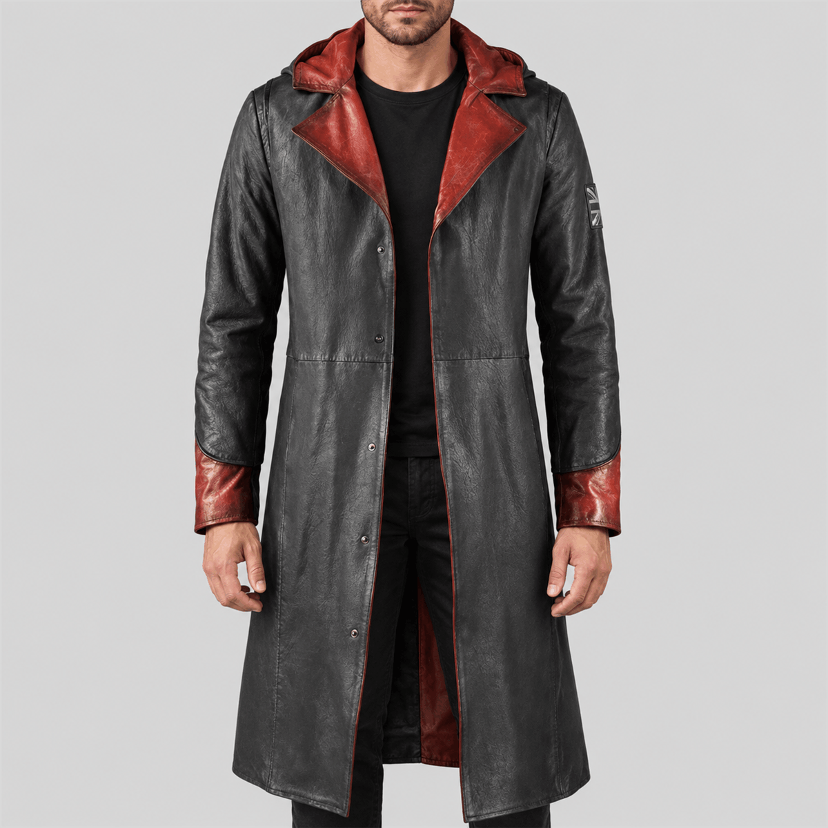 Men's DMC-Inspired Black and Red Hooded Leather Coat