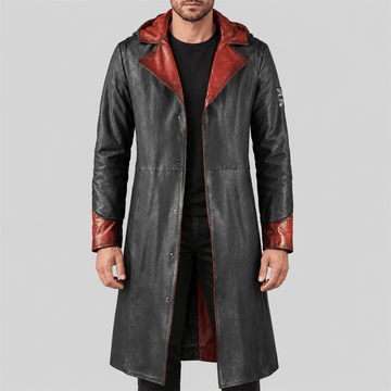Men's DMC-Inspired Black and Red Hooded Leather Coat