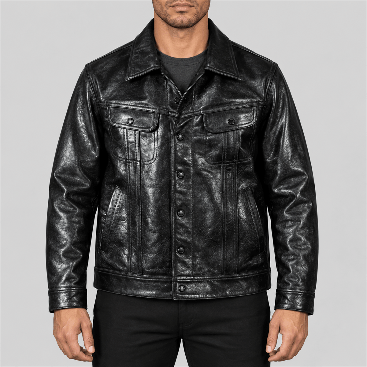 Men's Classic Black Button-Front Leather Trucker Jacket