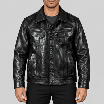 Men's Classic Black Button-Front Leather Trucker Jacket